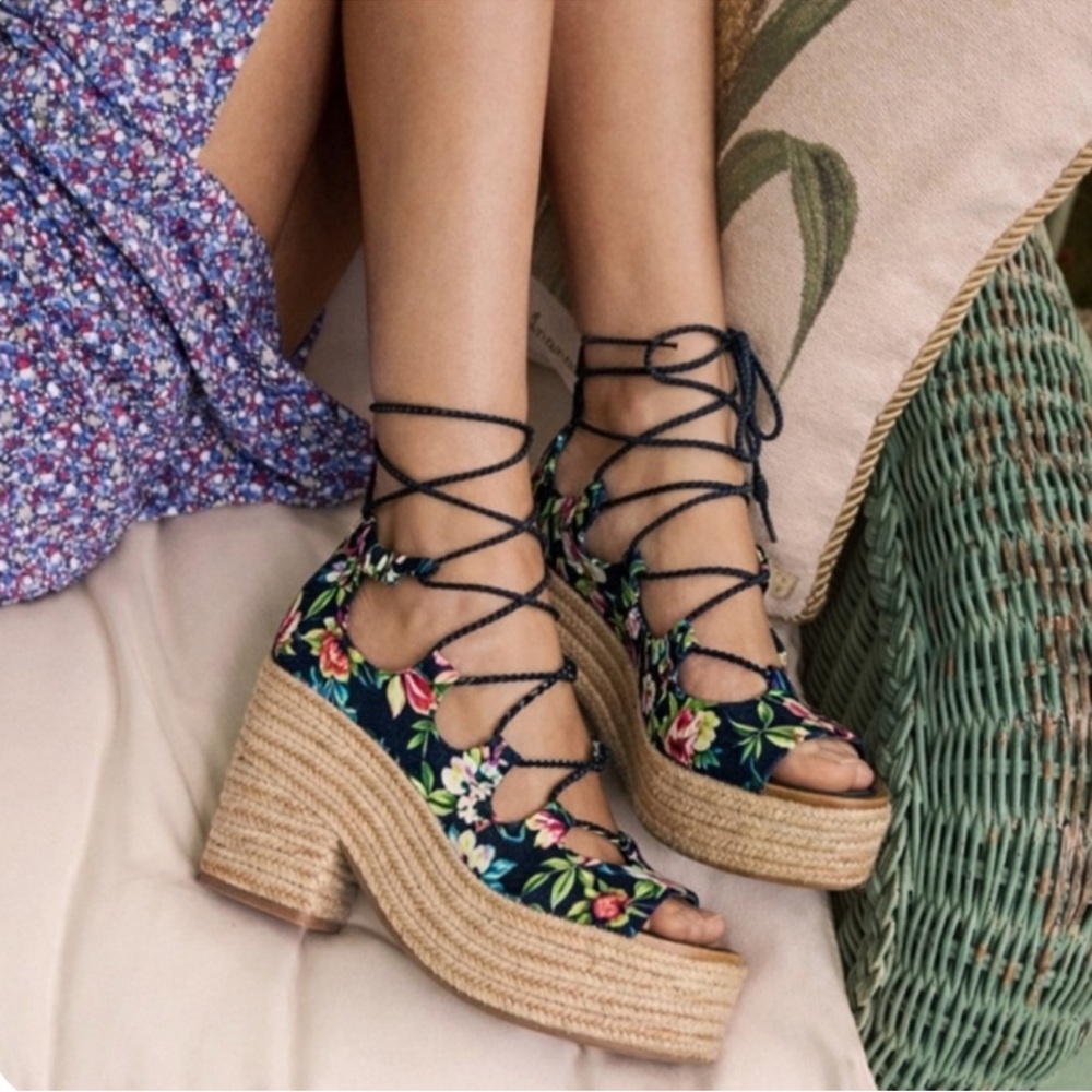 Tory Burch Floral Navy Lace-Up Espadrille Platform Sandals size 9